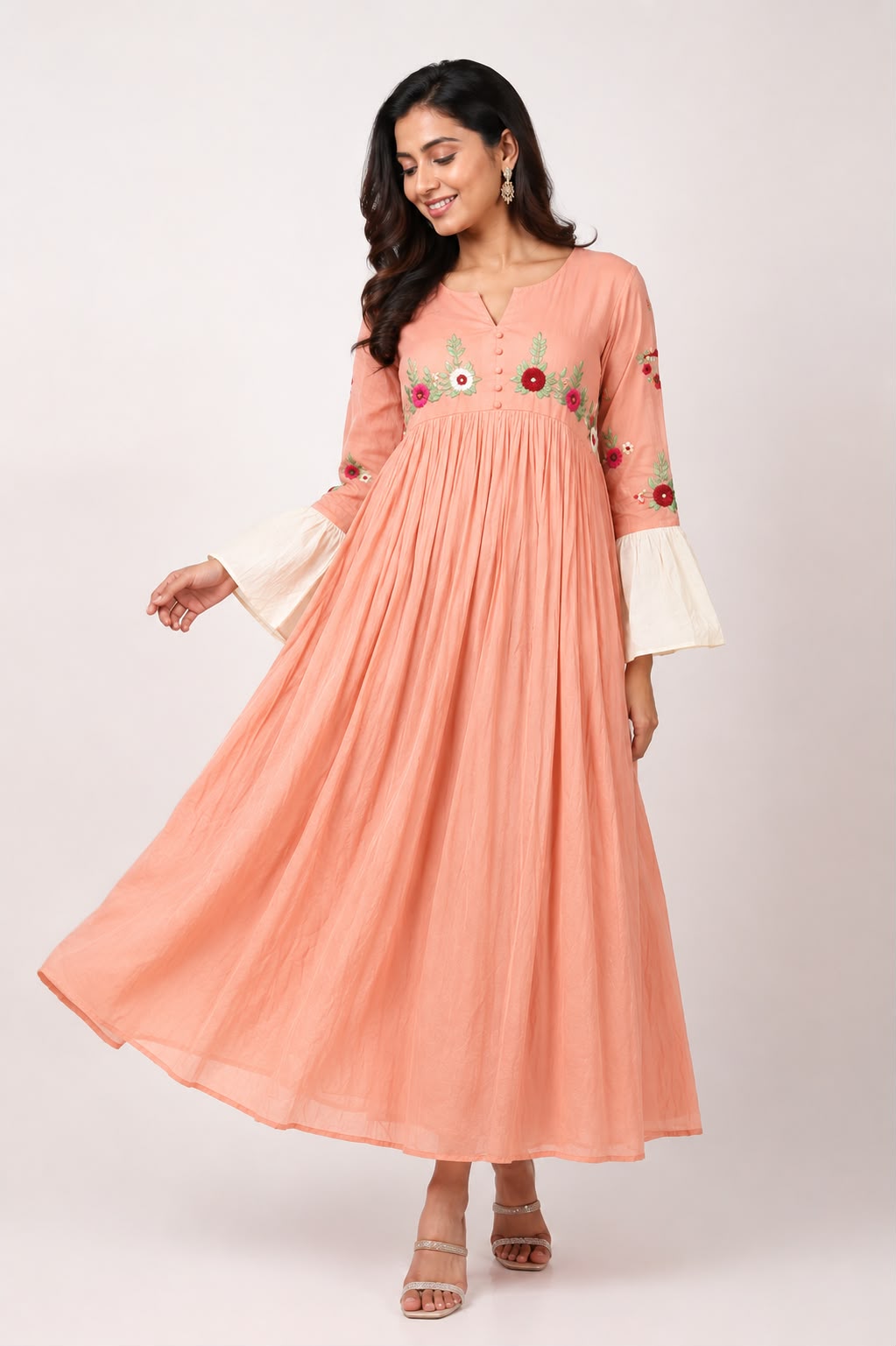 Peach Embroidered A-Line Dress